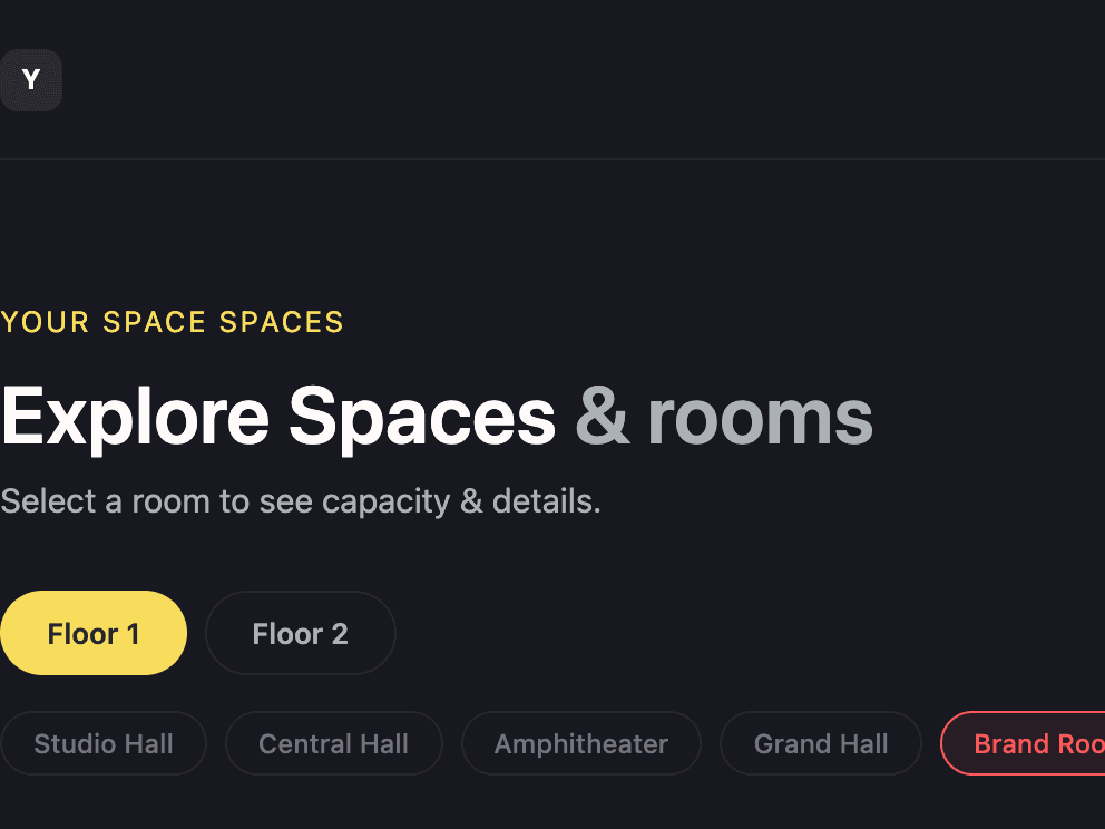 The Spaces page on the public hub: the heading, the floor tabs and the list of rooms on Floor 1