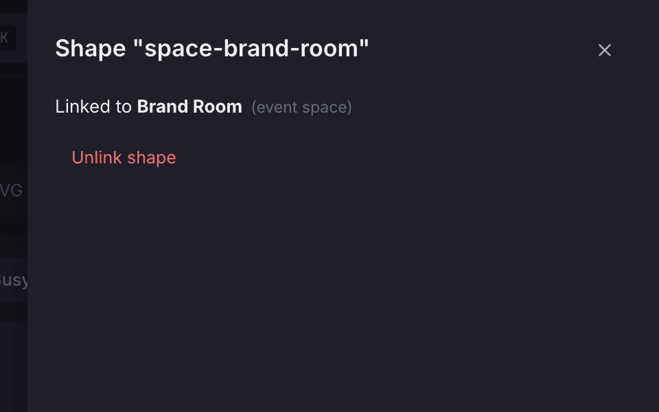 The shape panel for space-brand-room, linked to Brand Room, an event space, with the Unlink shape action