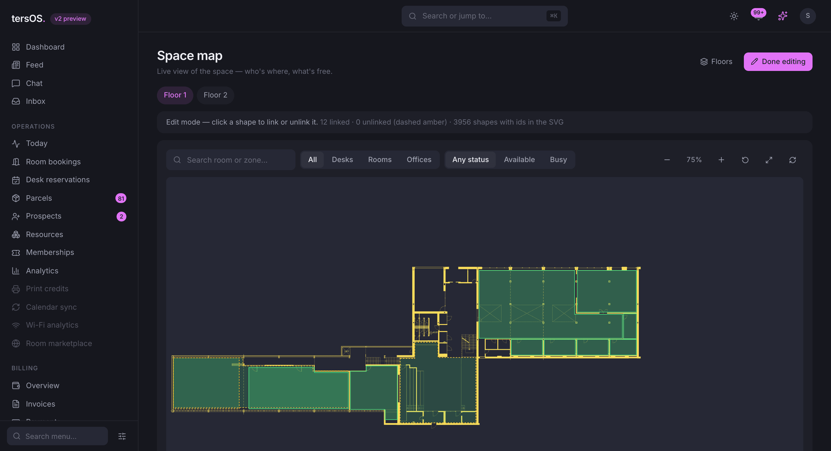 The Space map in edit mode: a banner above the toolbar counts linked and unlinked shapes, and the plan below keeps its live tints