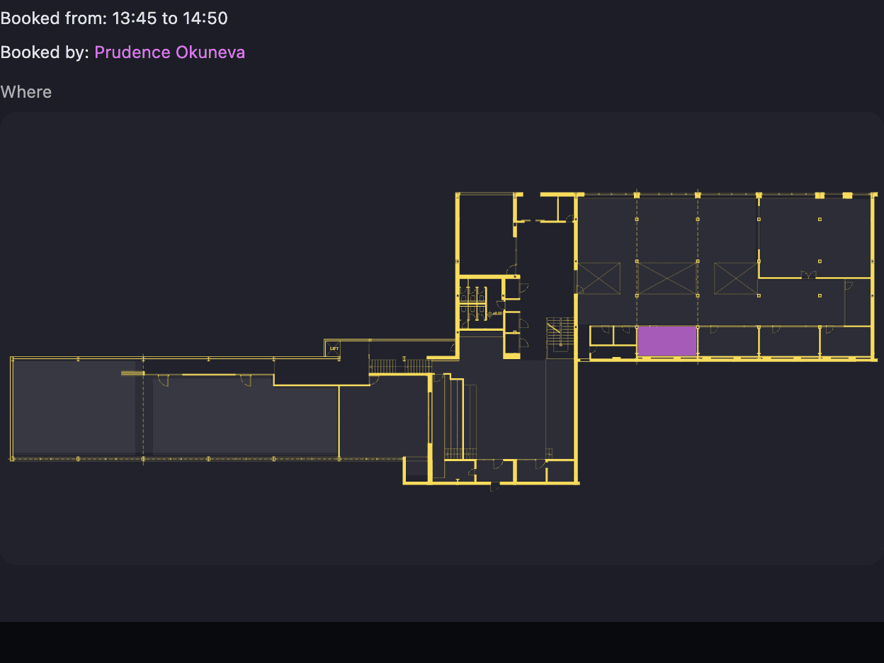 The booked room details in the member app with the floor plan and the booked room highlighted