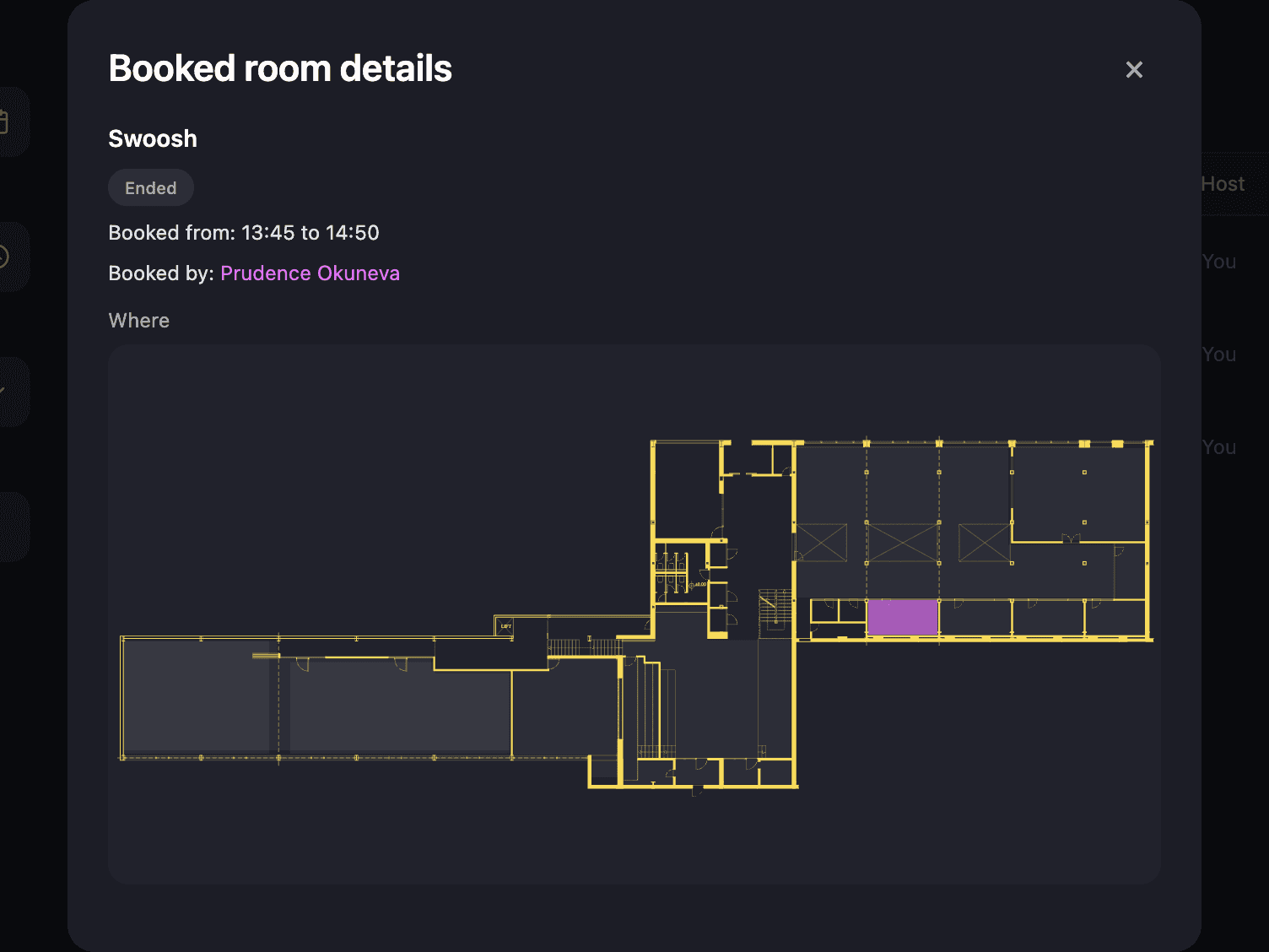 The booked room details in the member app: Swoosh, the booking times, who booked it, and the floor plan with Swoosh highlighted