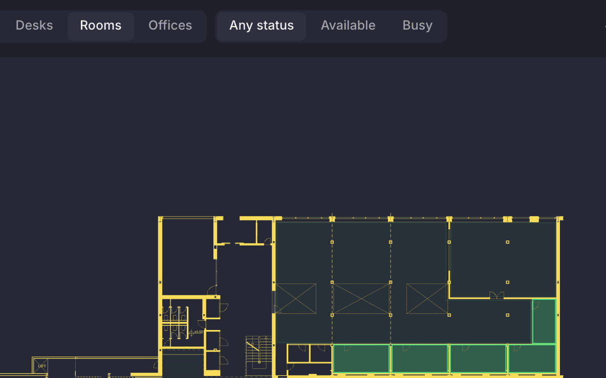 The Space map filtered to rooms: the meeting rooms stay lit while the zones and event spaces dim