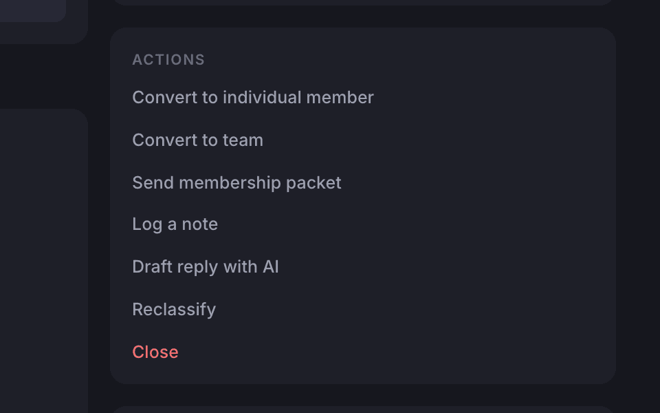 The actions list on a membership prospect record