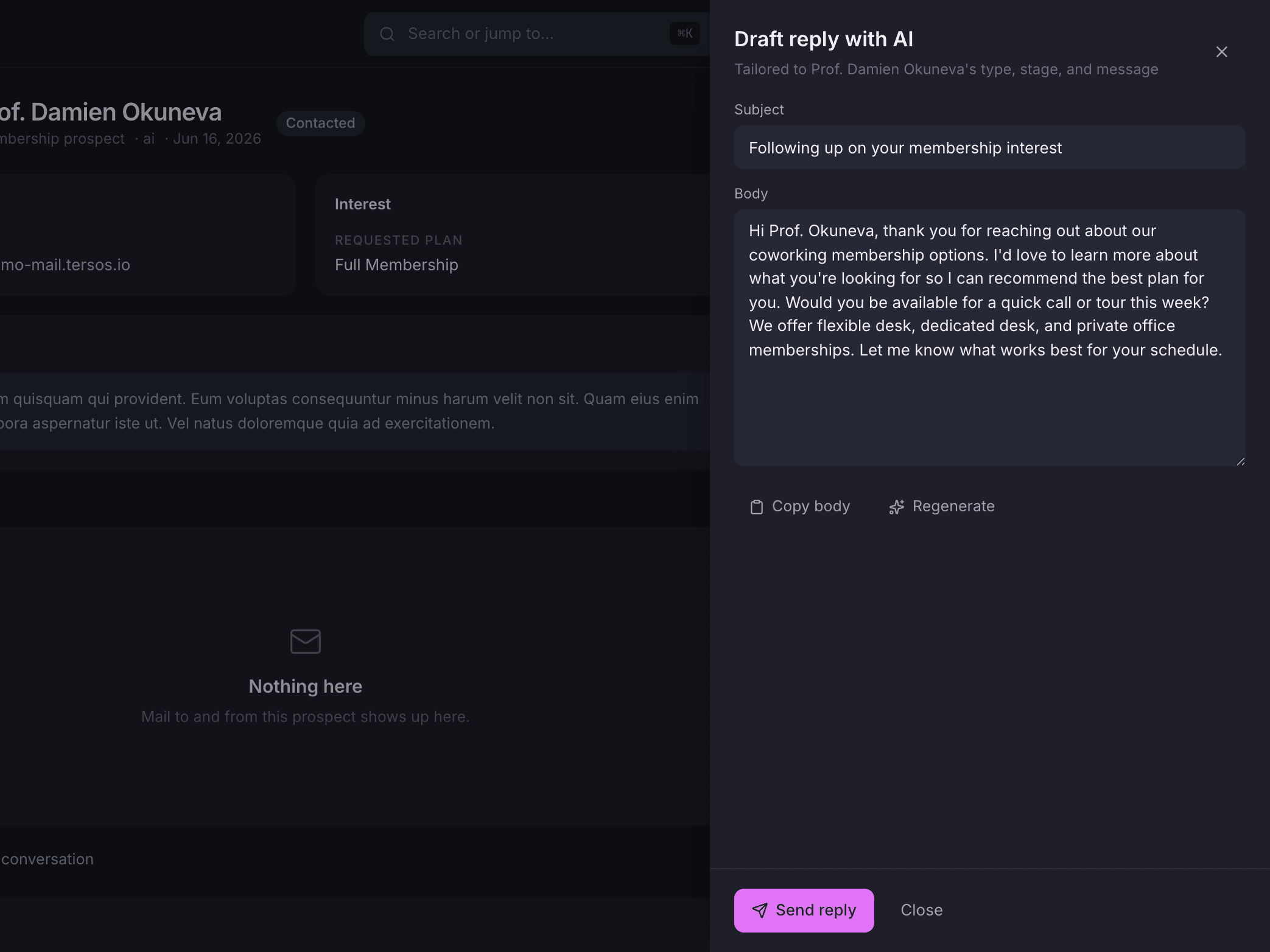 The Draft reply with AI panel on a prospect record, with a generated subject and body ready to edit