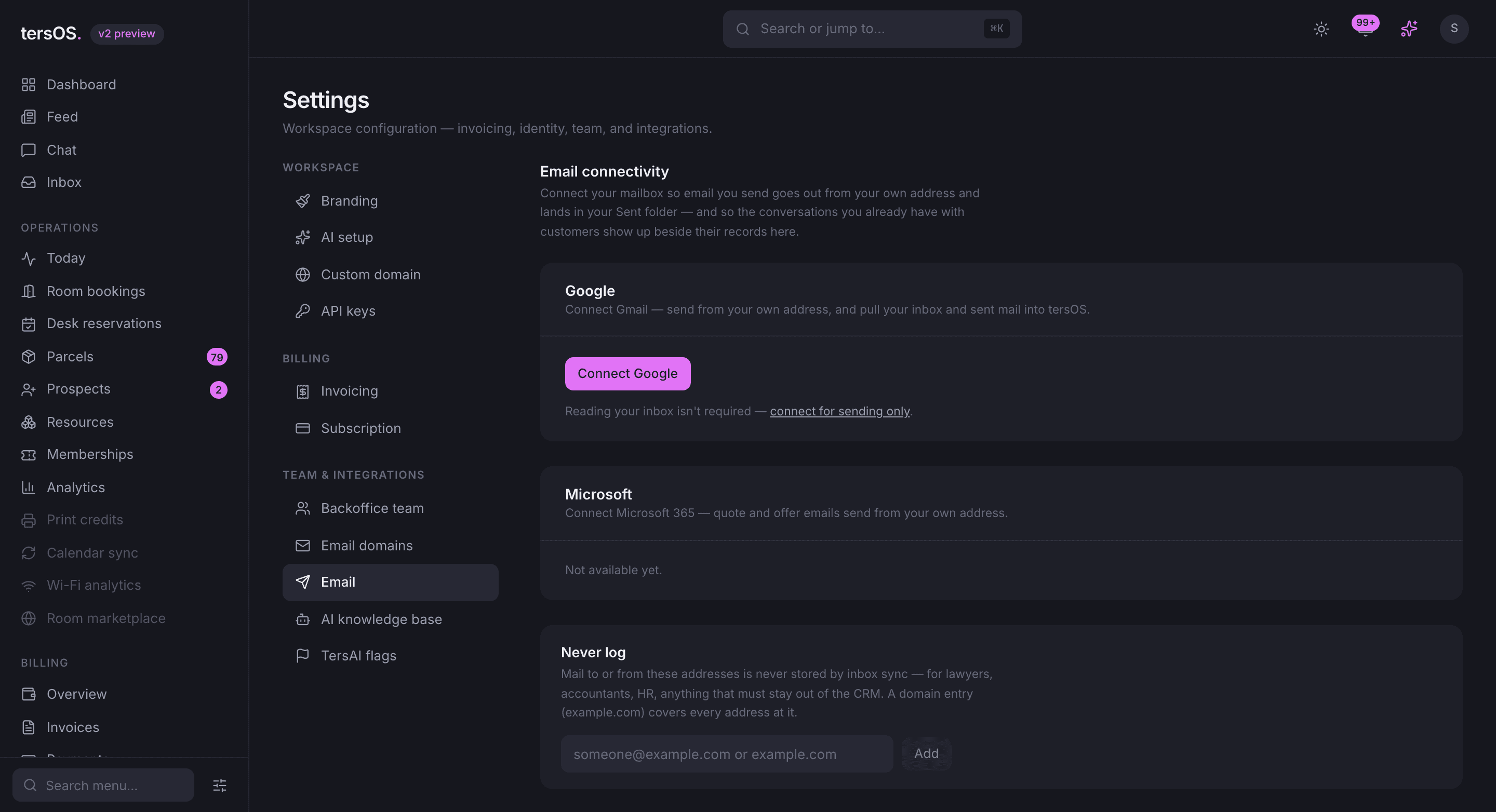 The Email connectivity settings page with the Google card, the Microsoft card and the never-log list