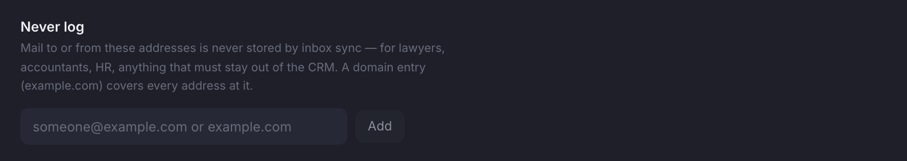The never-log section of the email settings with its address input