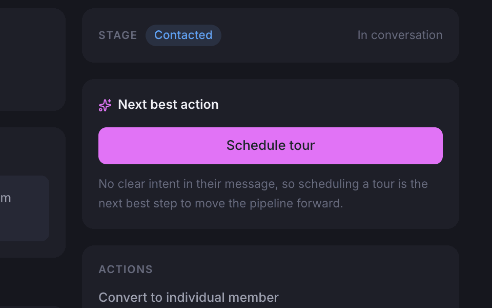 The next best action panel on a contacted membership prospect