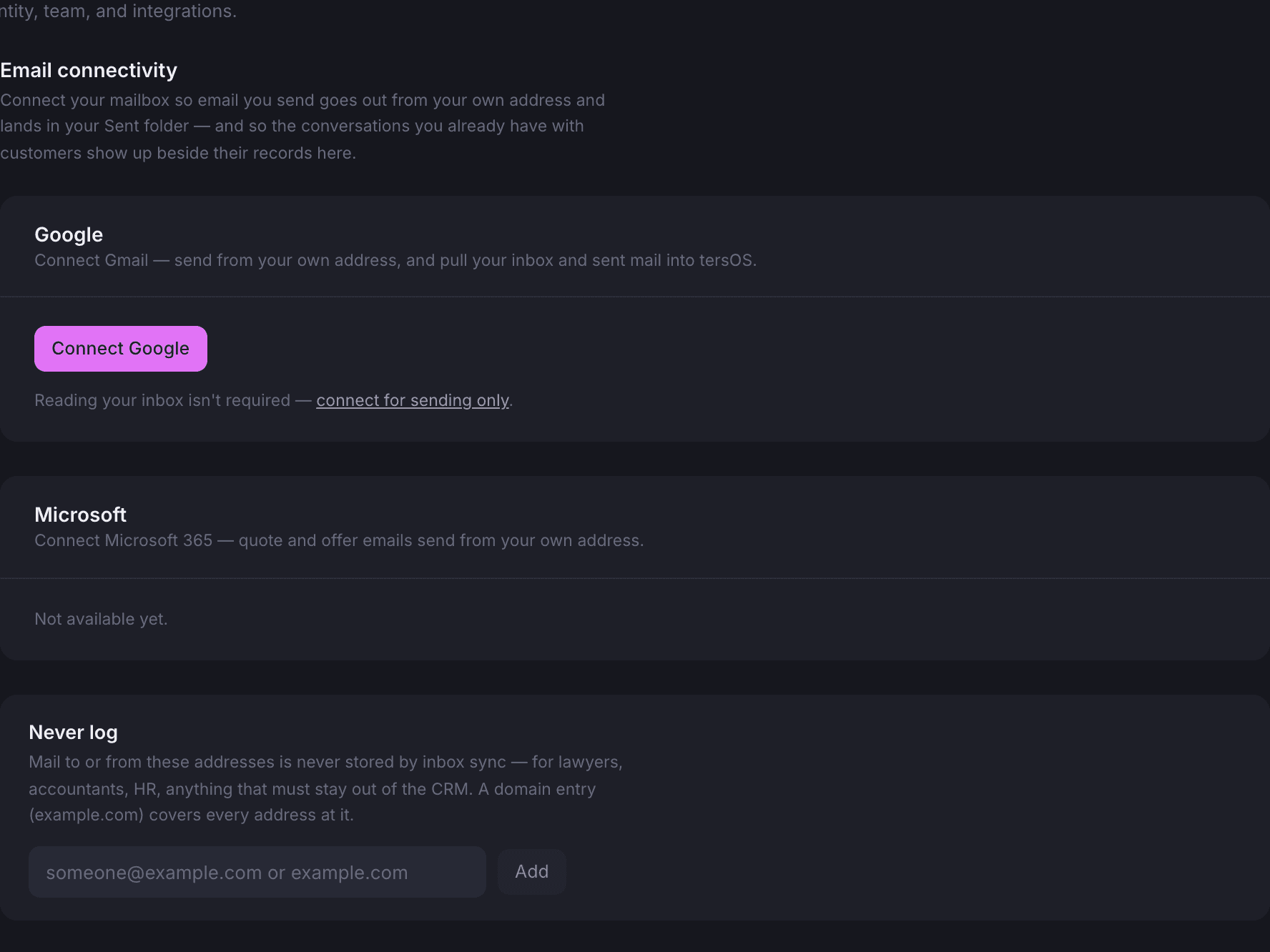 The email connectivity settings