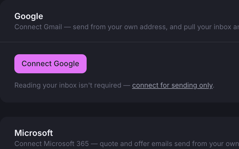 The Google card in the email settings with the Connect Google button and the sending-only link