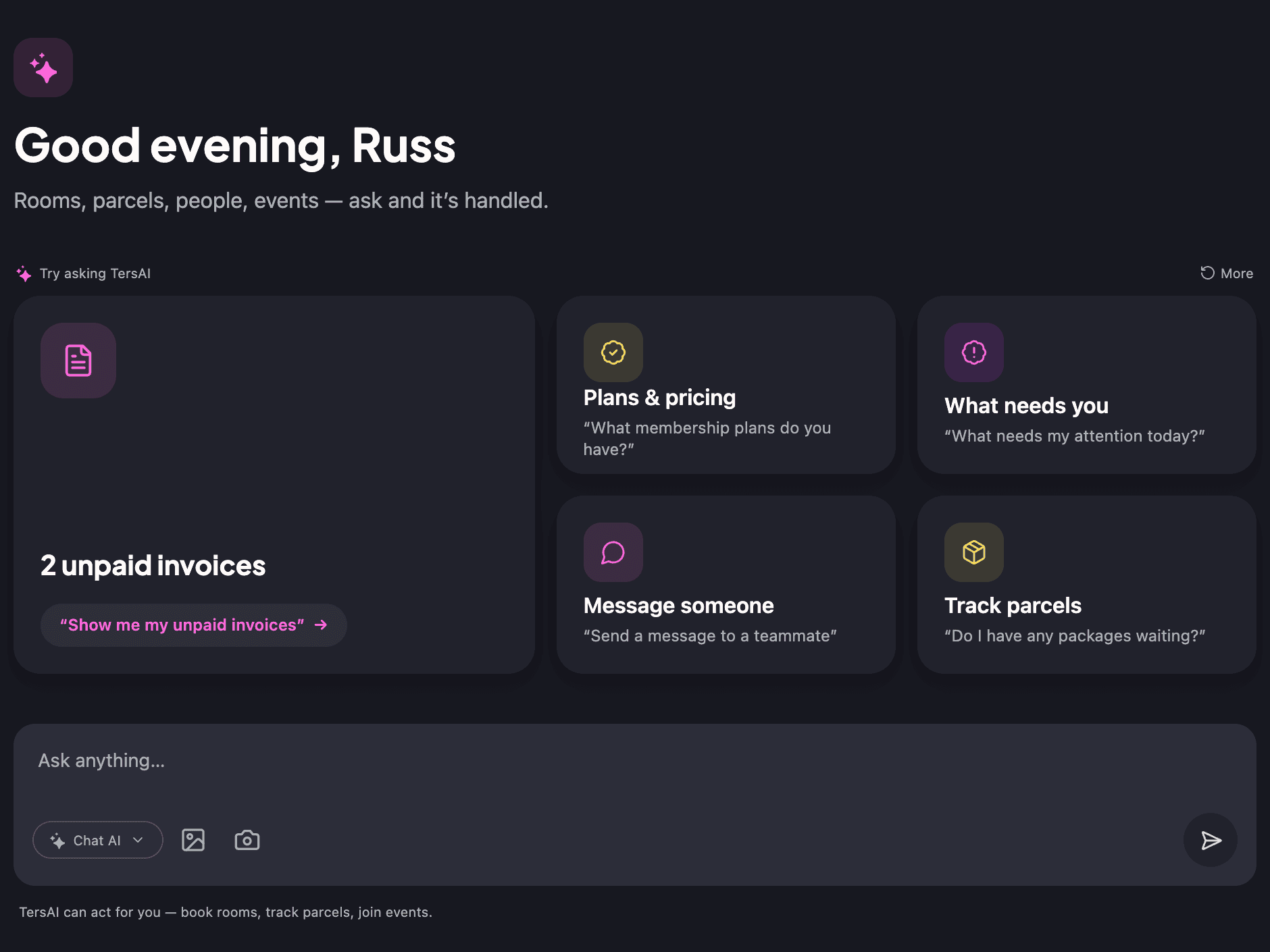 The tersAI home in the member app: a greeting, a row of suggestion cards built from the member’s account, and the message box