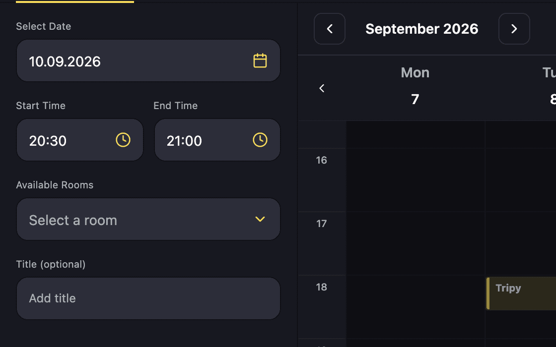 The booking form in the member app: date, start and end time, available rooms and title