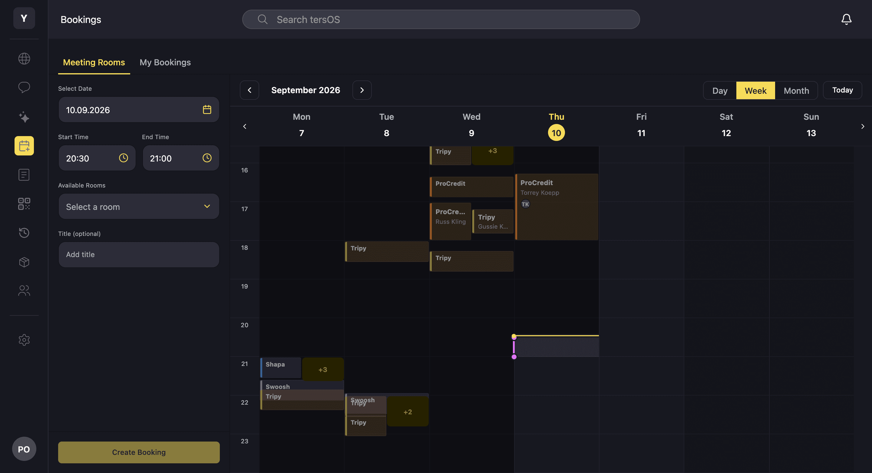 The bookings screen in the member app on the web: the booking form on the left and the week calendar with every room’s bookings