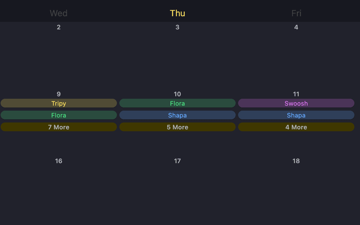 The month calendar in the member app with bookings by room