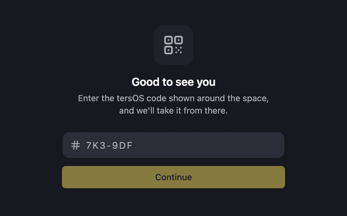 The check-in screen in the member app with the code field and the Continue button