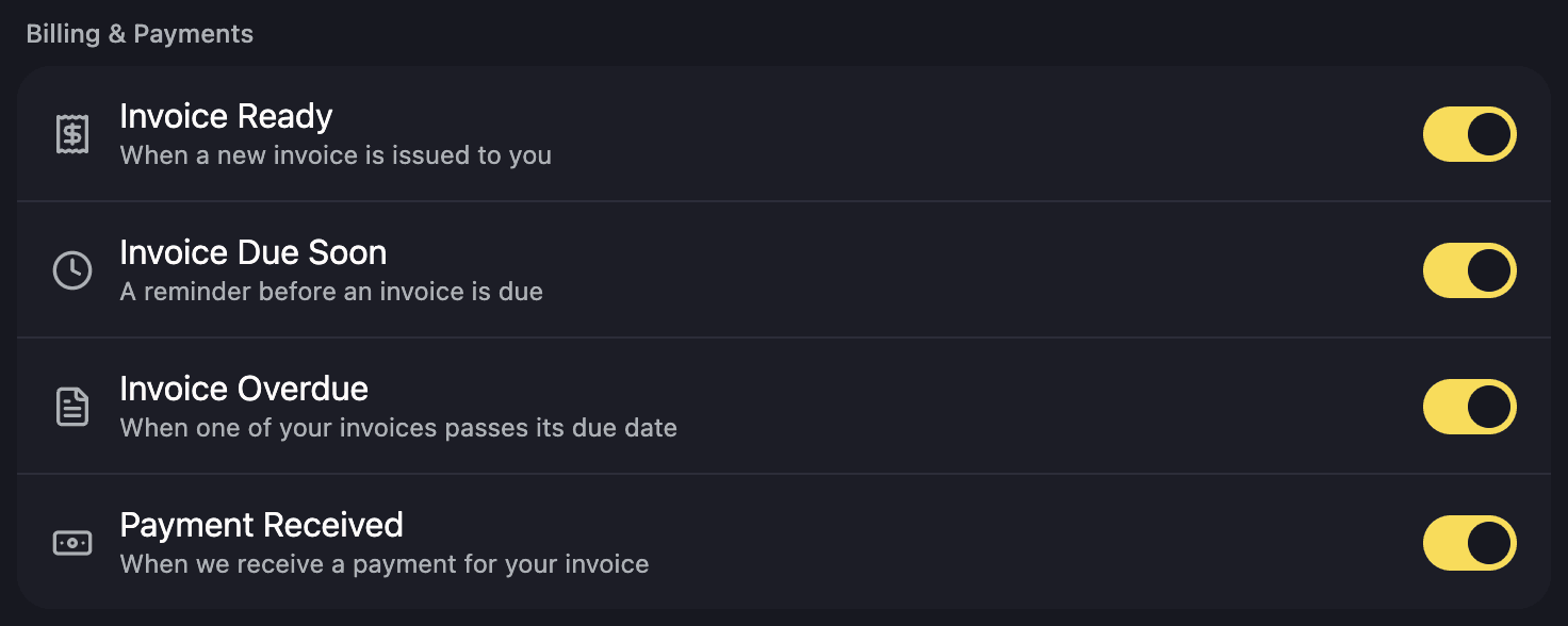 The billing section of the push notification settings: invoice ready, invoice due soon, invoice overdue and payment received, each with a toggle