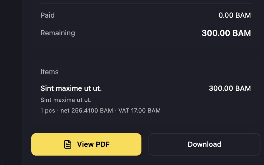 The bottom of an invoice in the member app: paid, remaining, items, and the View PDF and Download buttons