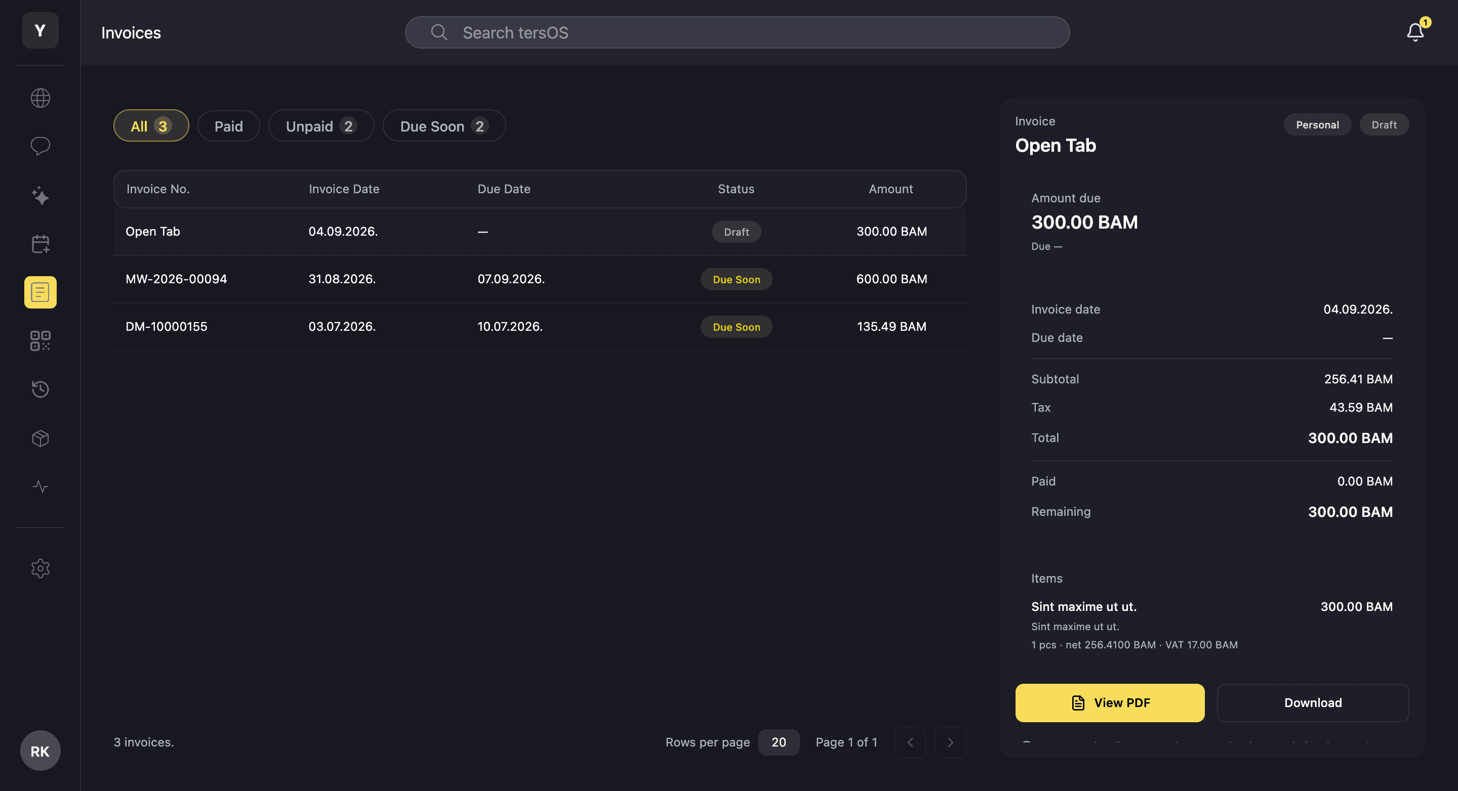 The invoices screen in the member app on the web: the list with status filters, and the open tab selected with its totals and the PDF buttons
