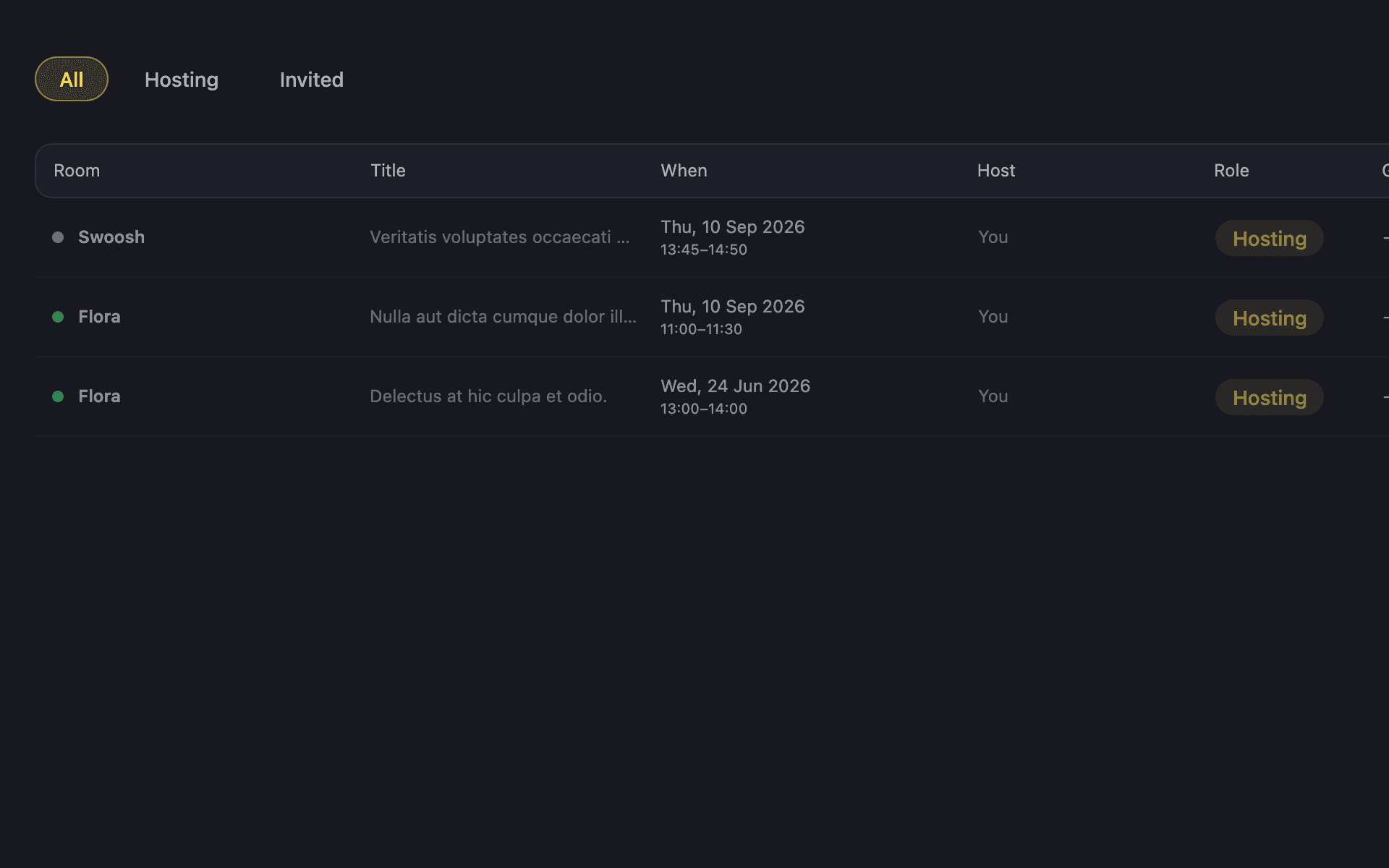 The My Bookings list in the member app with room, title, time, host and role columns