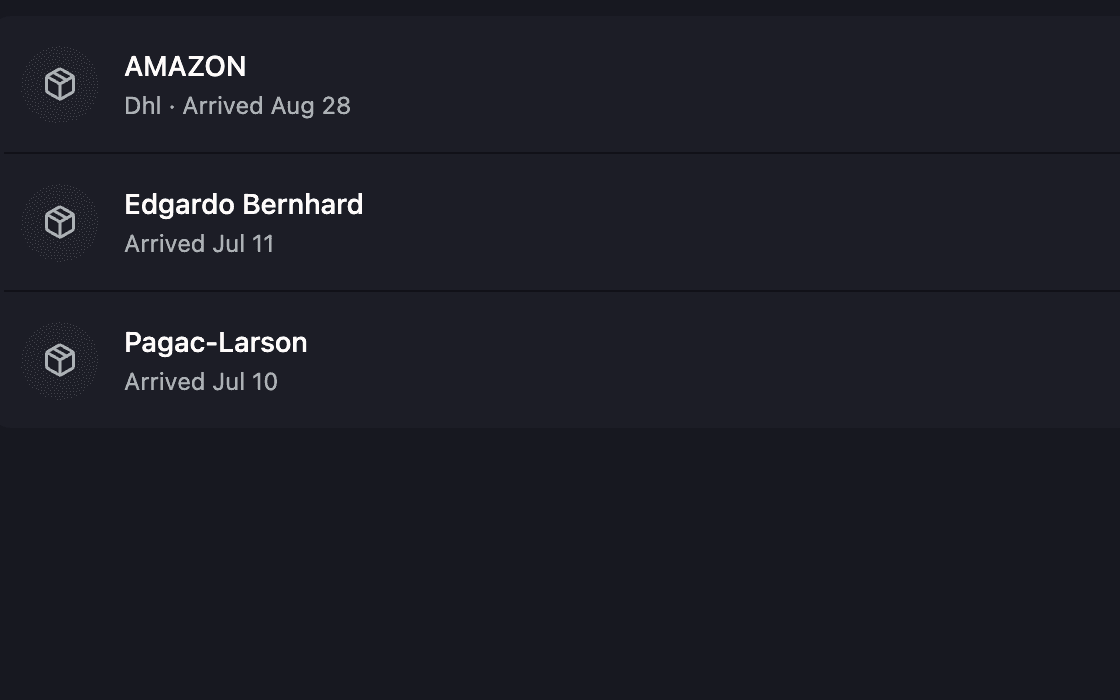 The parcels screen in the member app with its status filters