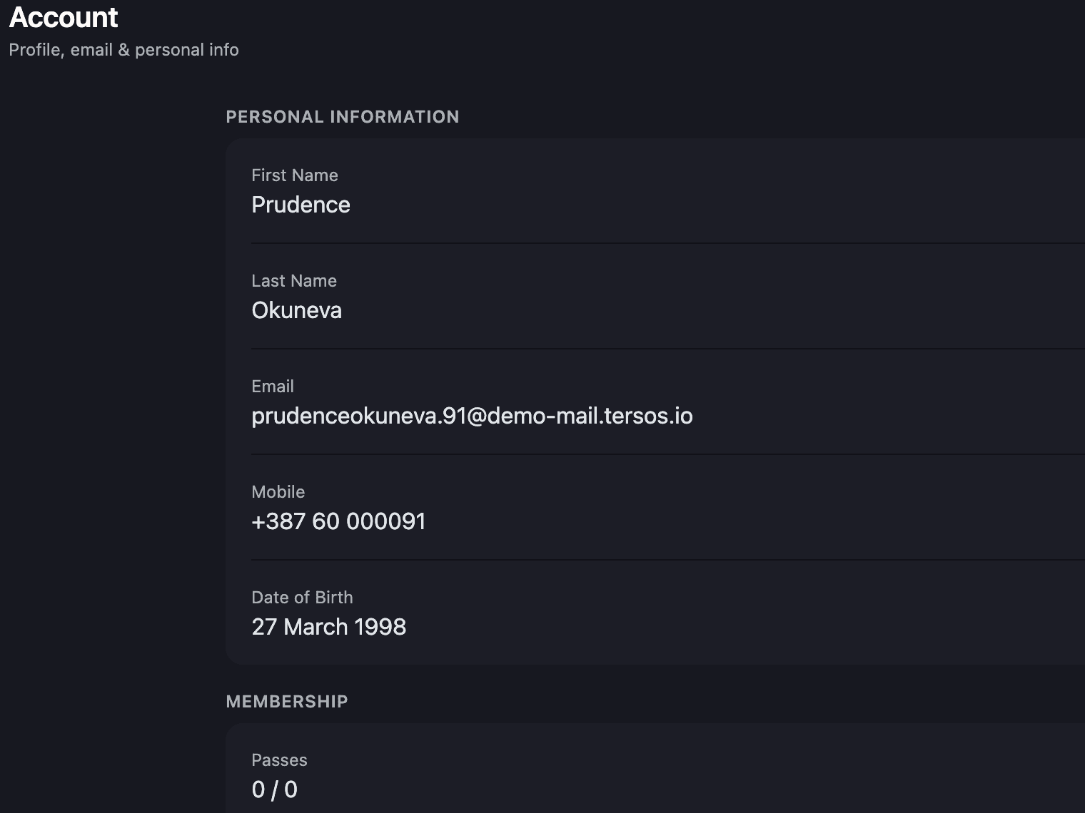 The account screen in the member app on the web with personal information and membership