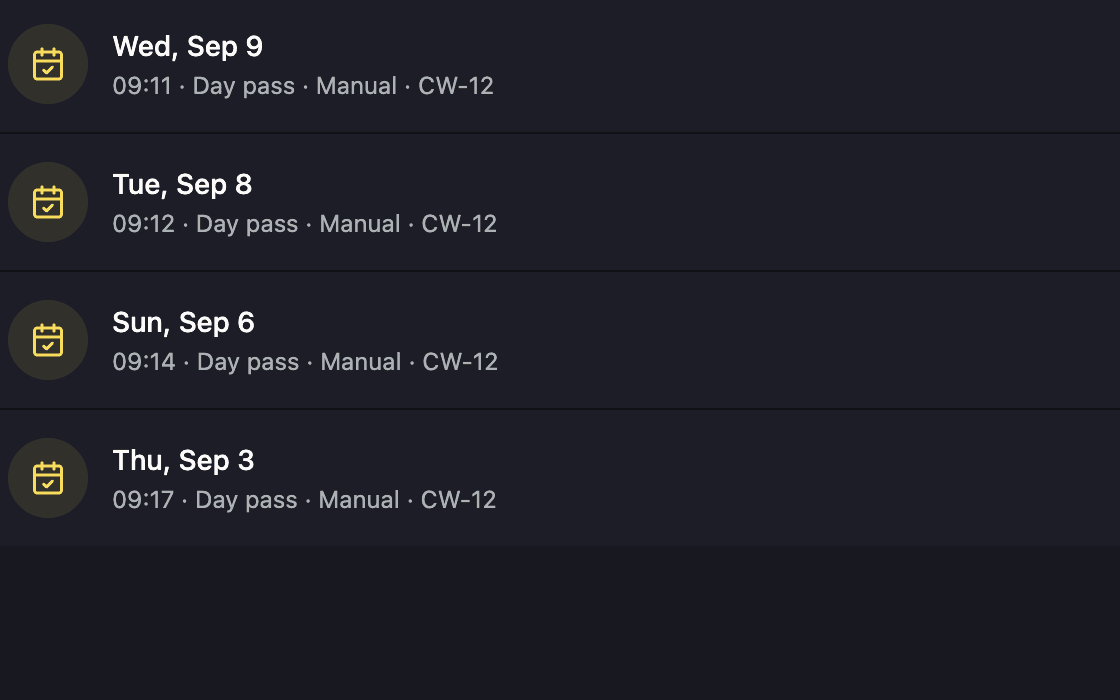 The check-ins history screen in the member app