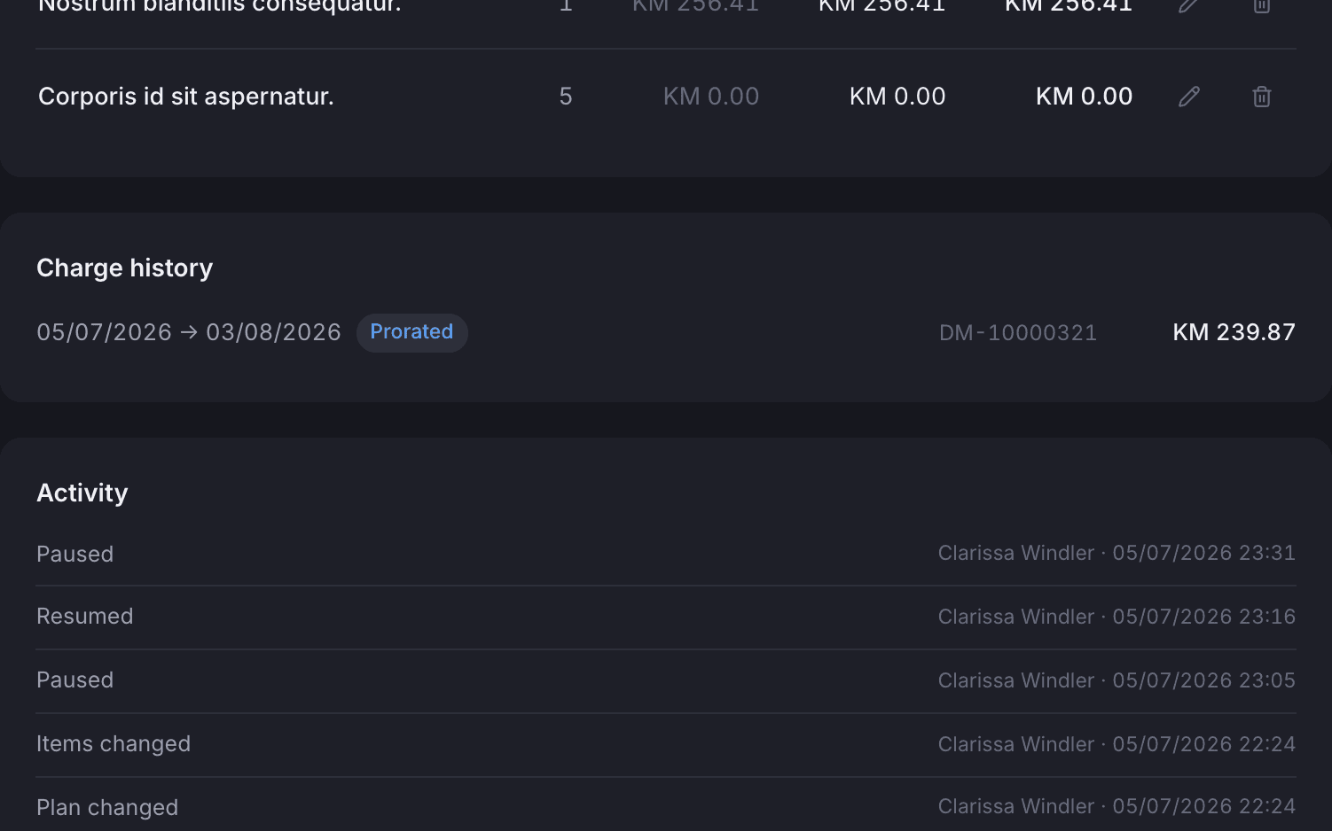 The charge history and activity log on an agreement