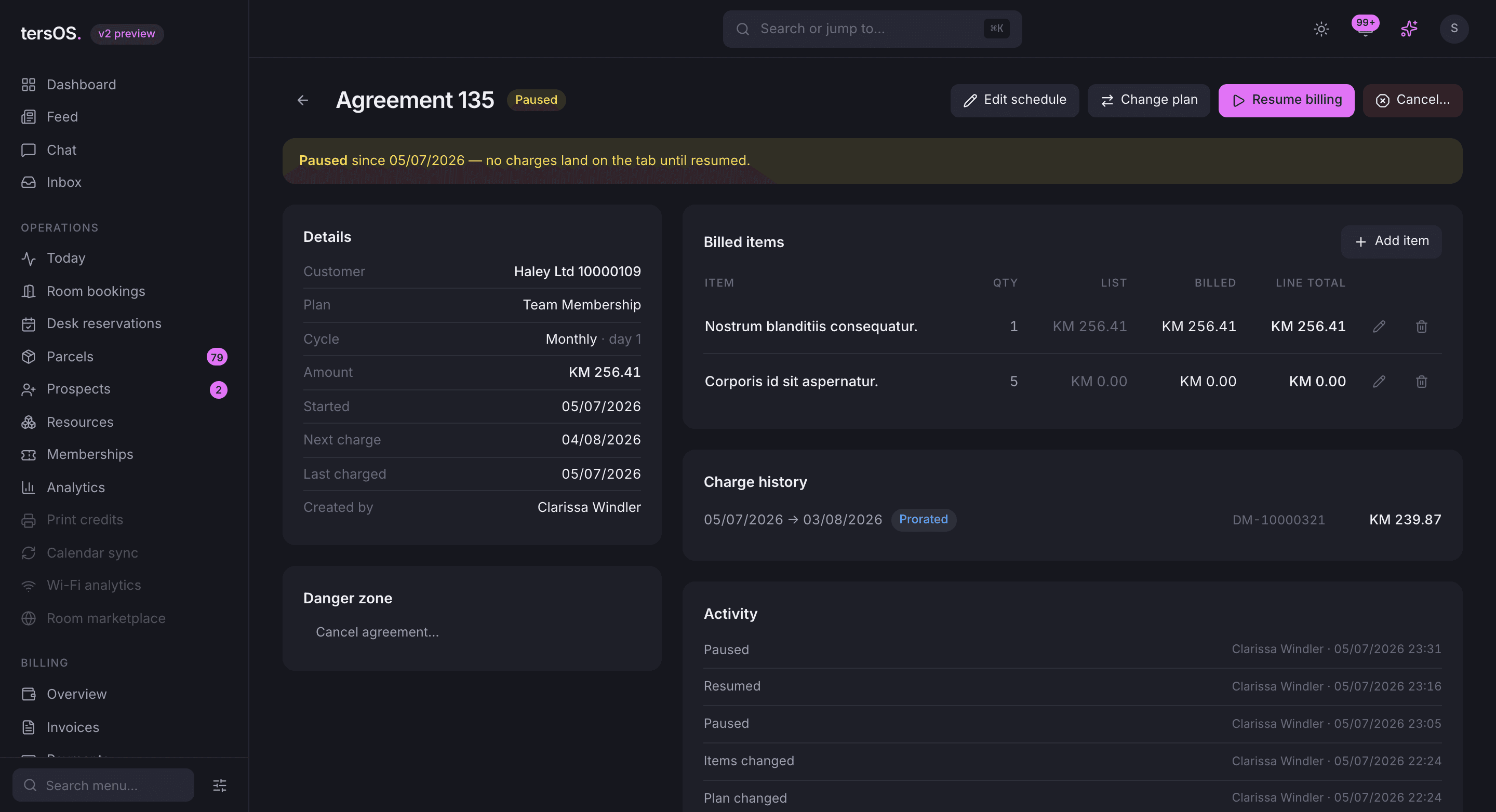 A paused billing agreement in the backoffice with its billed items, charge history and activity log