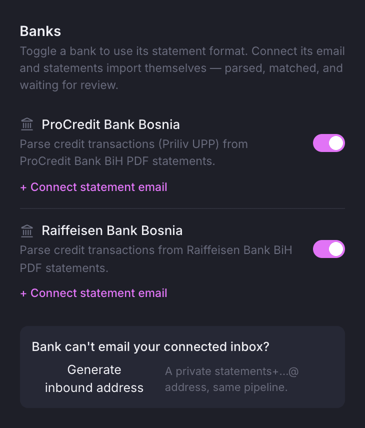 The banks card on the payments page with two bank parsers, statement email links and the inbound address control