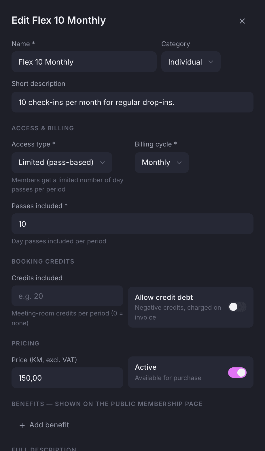 The edit sheet for the Flex 10 Monthly plan in the backoffice
