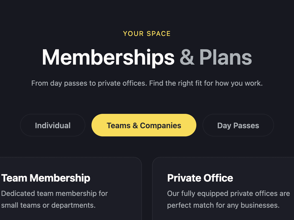 The pricing page on the public hub, team plans tab