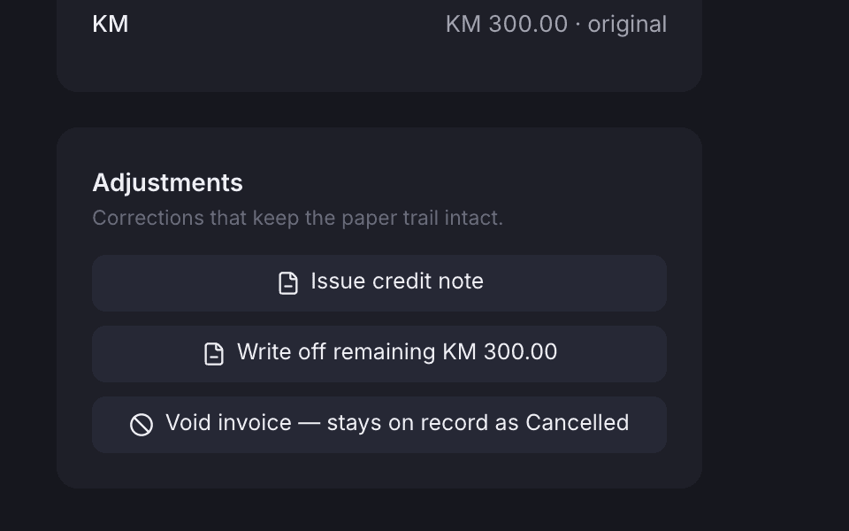 The adjustments card on an overdue invoice: credit note, write-off and void