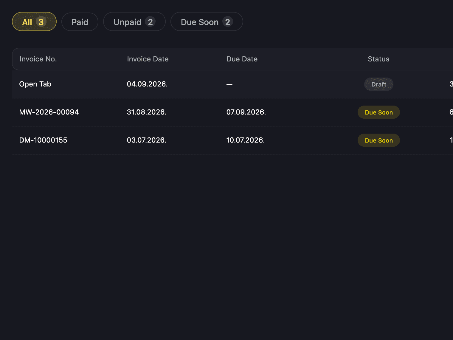 The invoices screen in the member app
