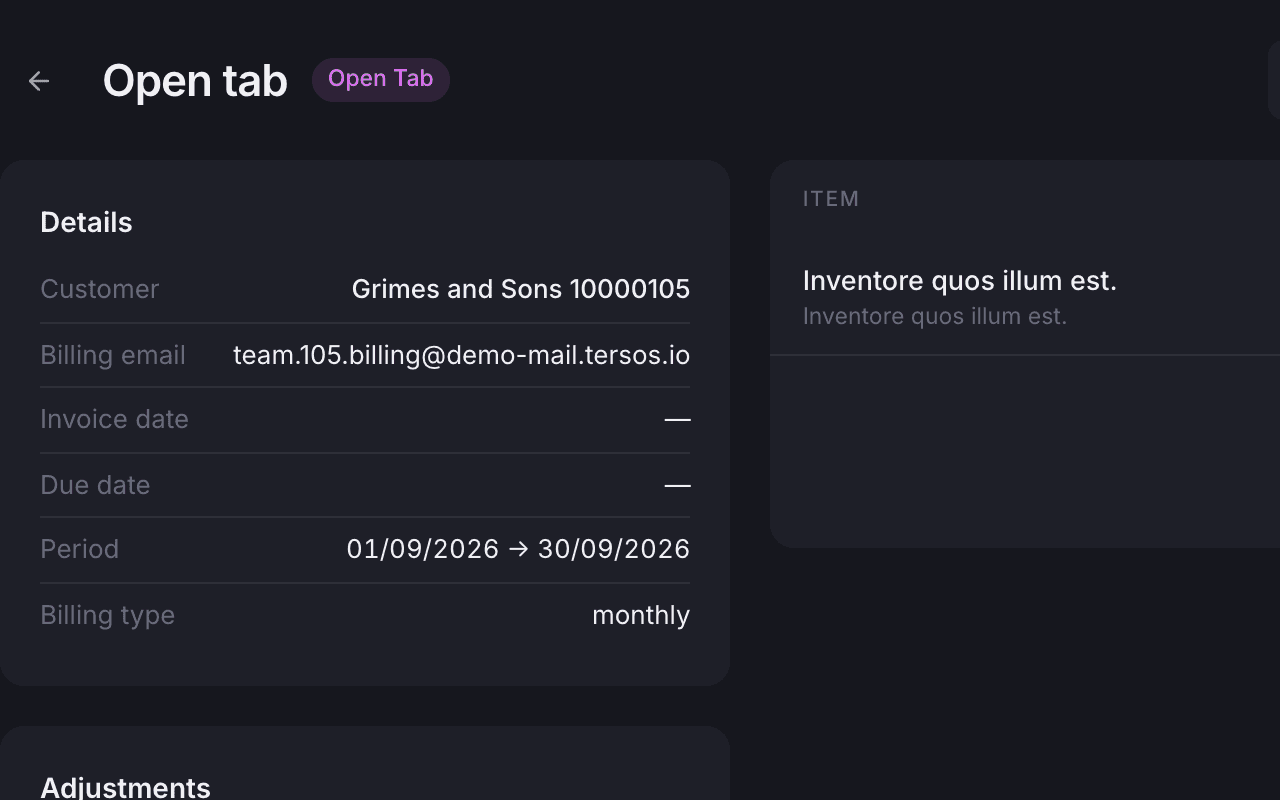 An open tab in the backoffice with its period, customer and items