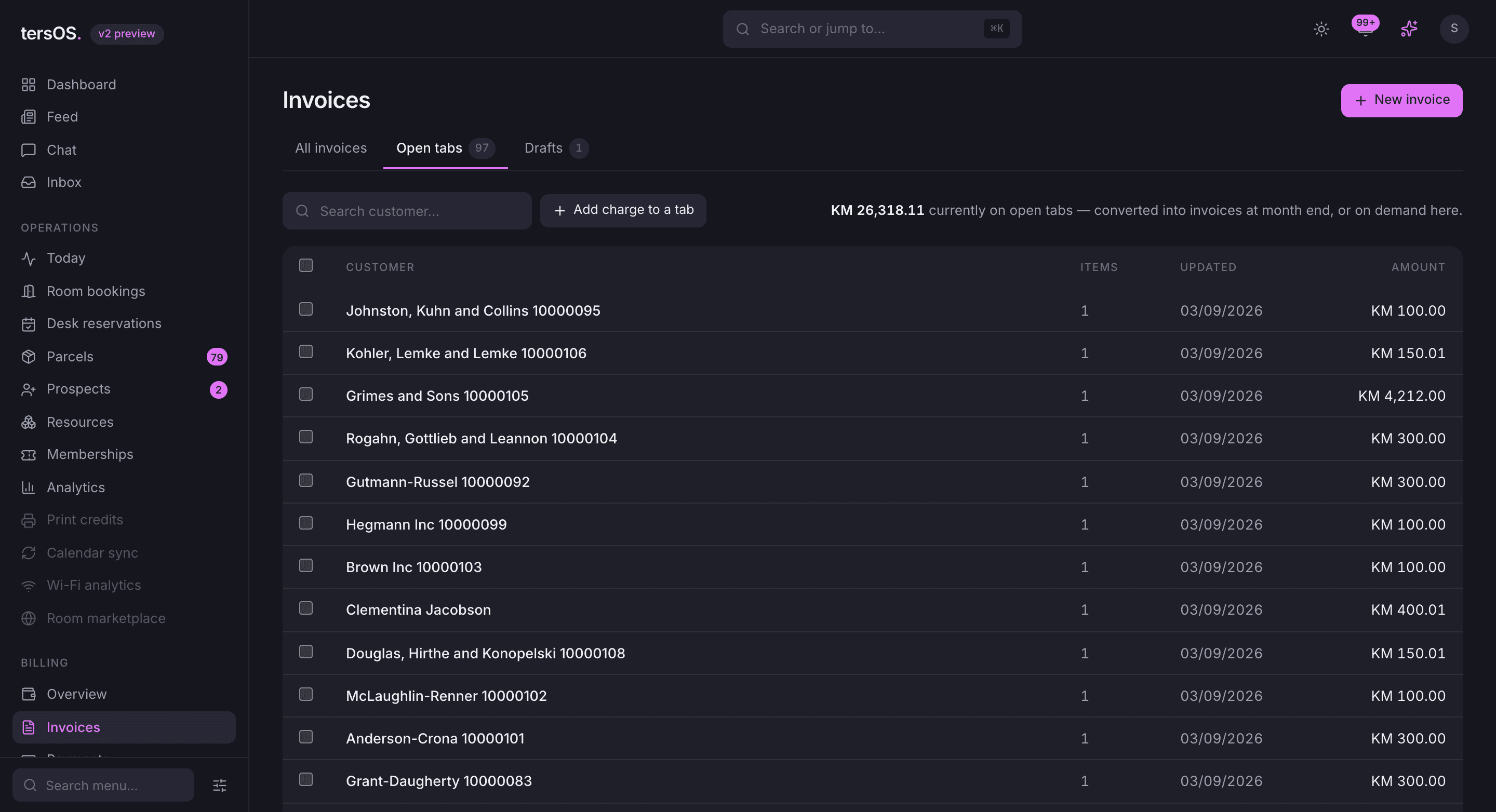 The open tabs list in the backoffice with the total currently on tabs