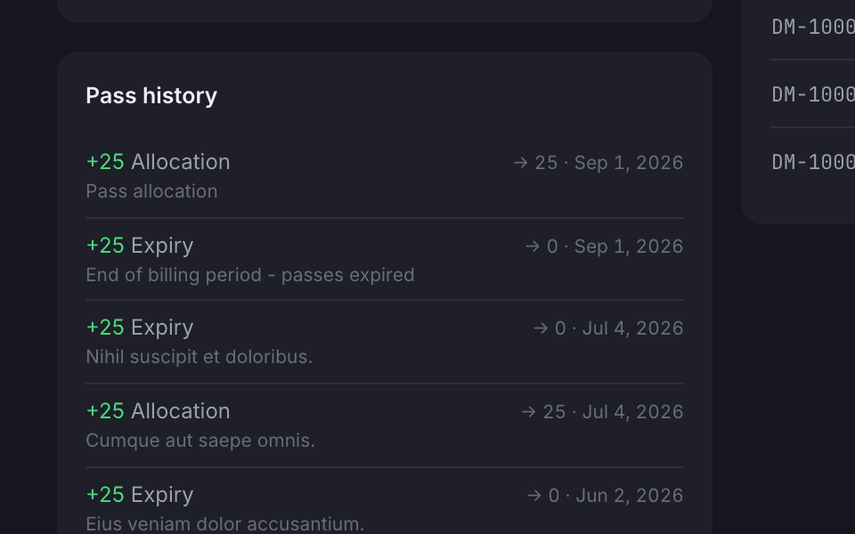 The pass history list on a member profile