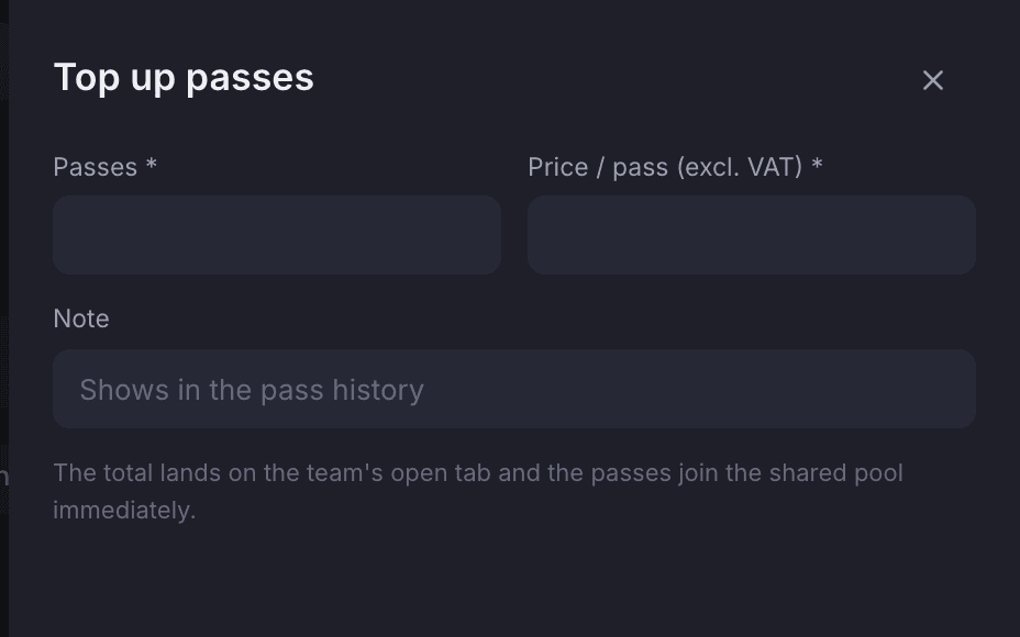 The top-up passes sheet on a member profile