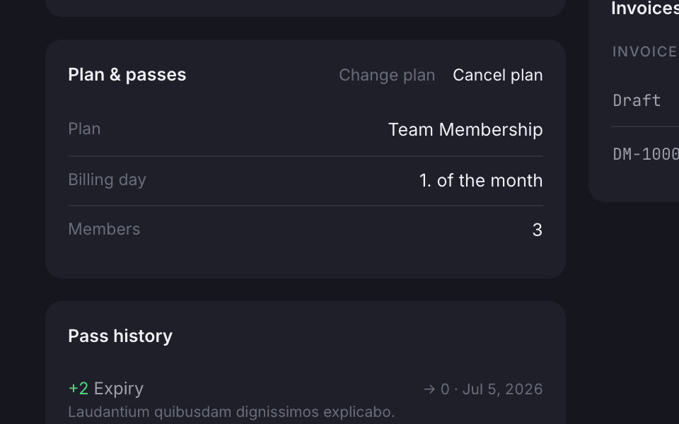 The plan and passes card on a team profile, with its pass history
