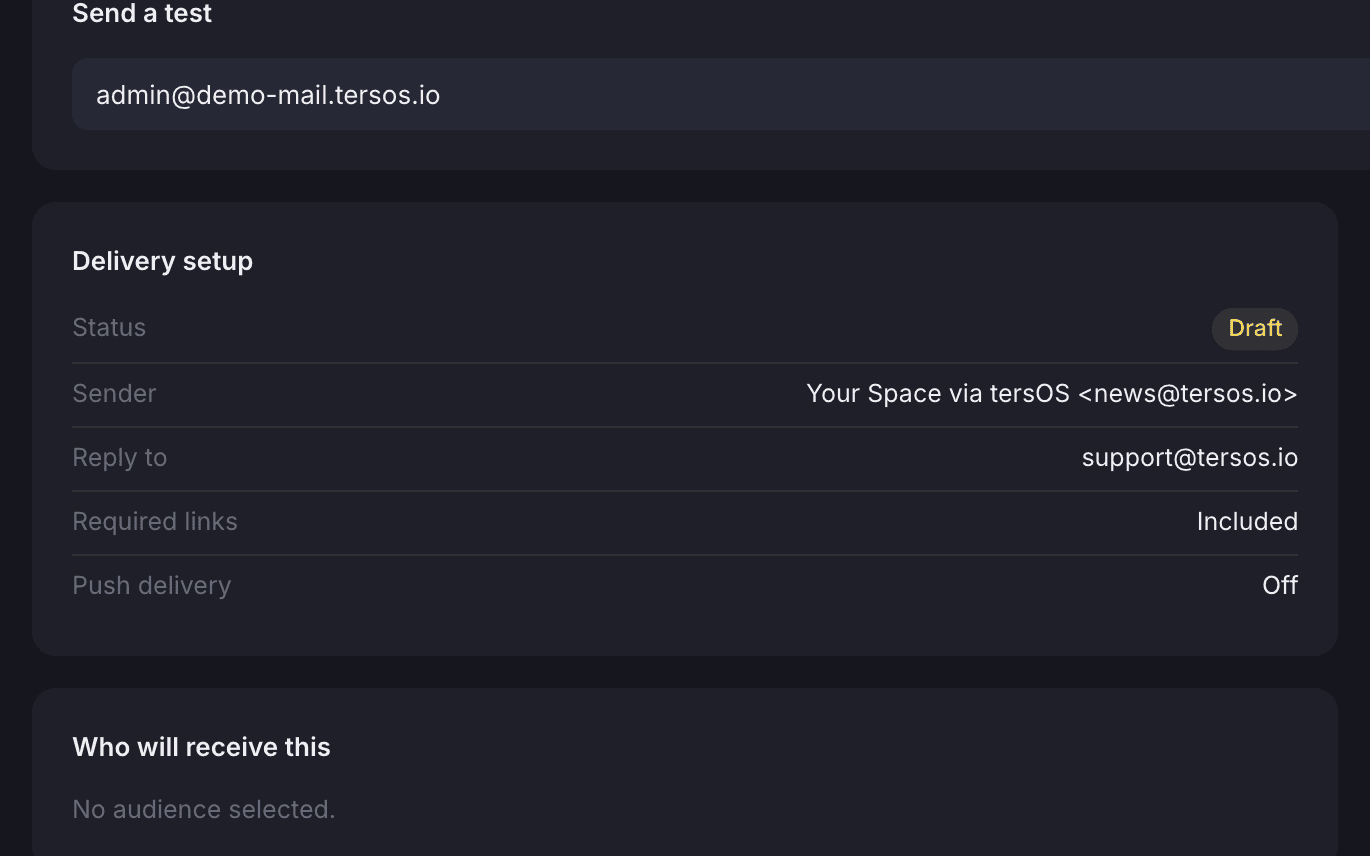 The delivery setup card on the review step: status, sender, reply to, required links, push delivery