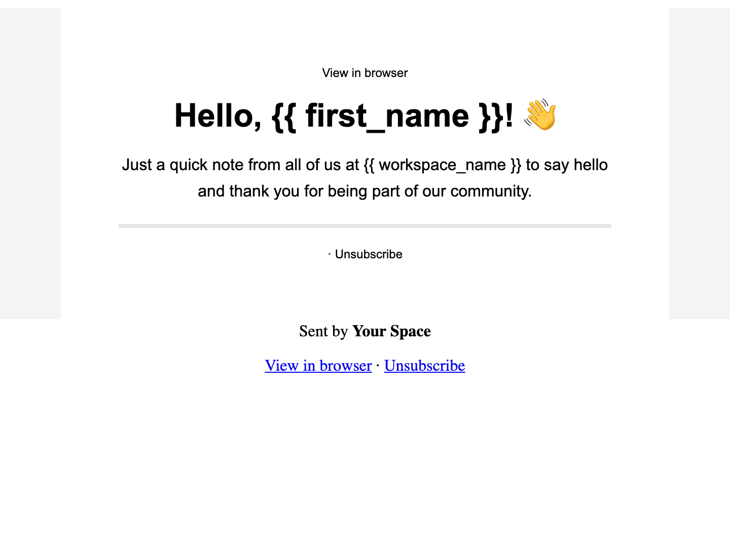 The send-path preview of a draft: the sanitized email with the footer, web-version and unsubscribe links
