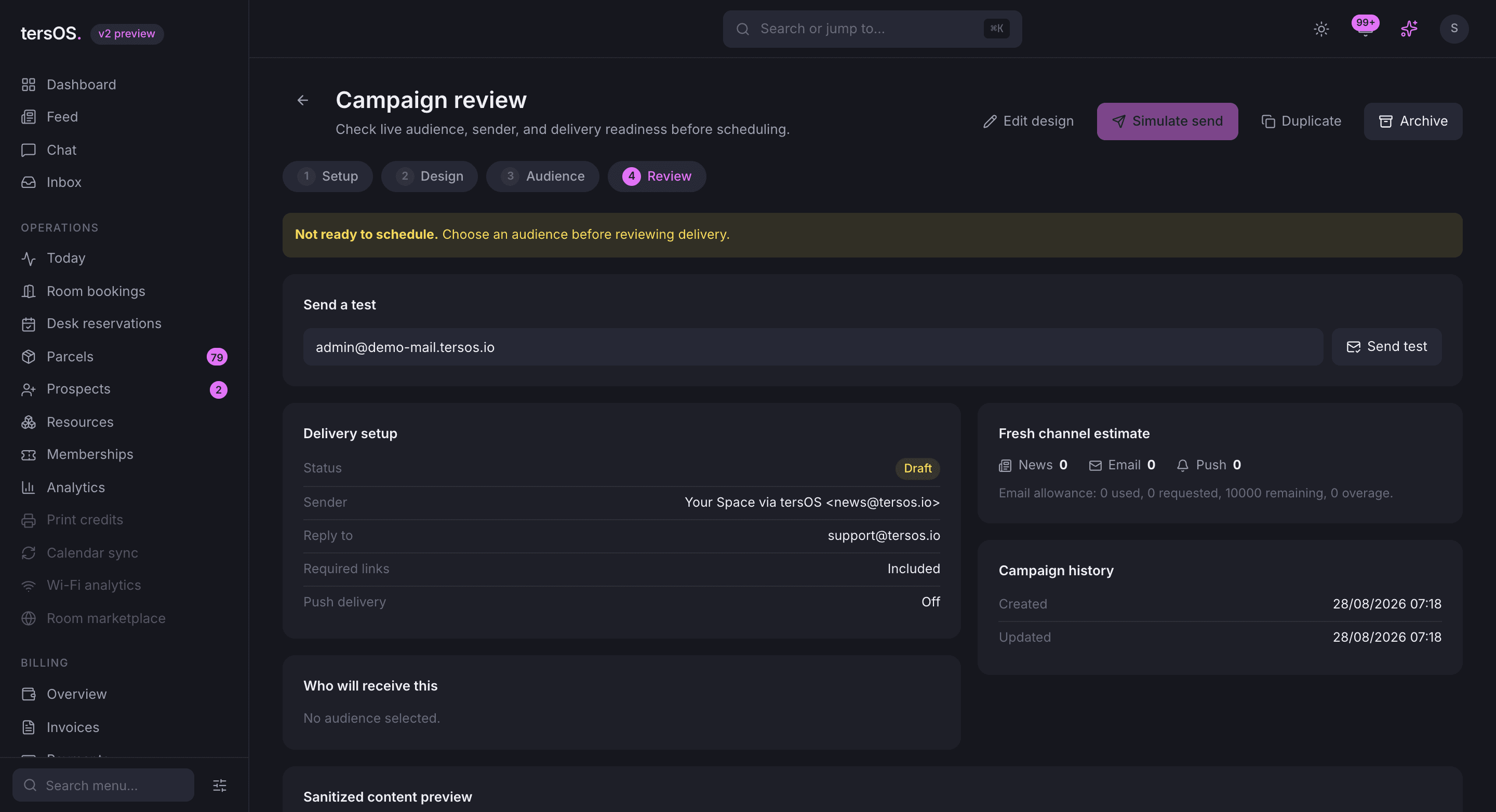 The campaign review page: a test send bar, the delivery setup, the fresh channel estimate and the campaign history