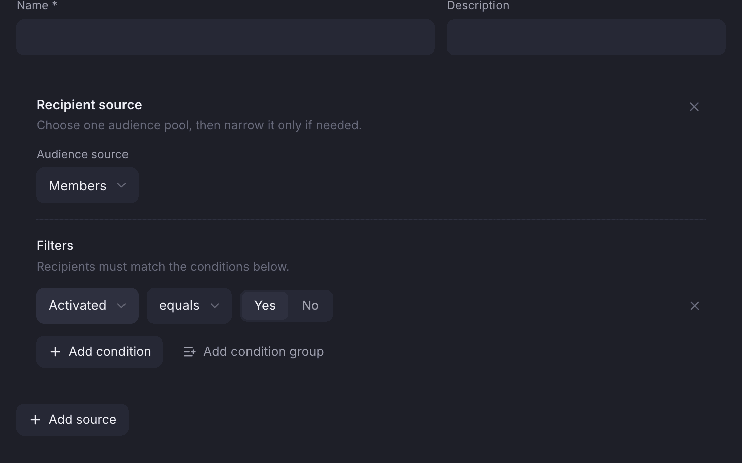 The recipient source of a new segment with the members pool and one condition
