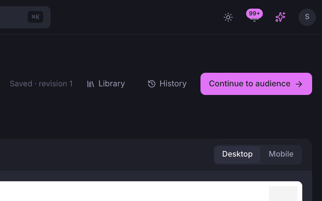 The studio header with the saved revision number, the Library and History buttons