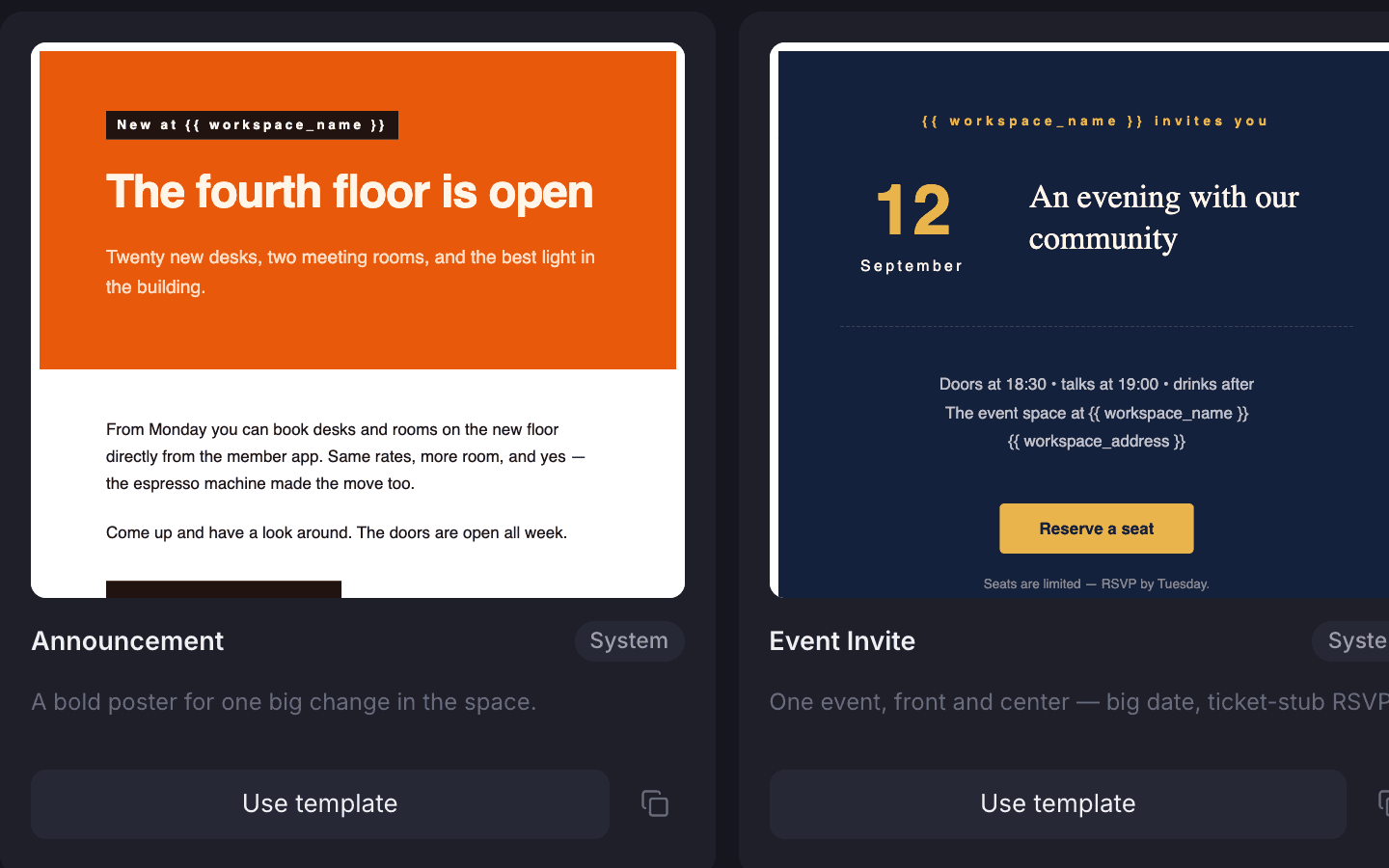 The Announcement system template card on the templates page