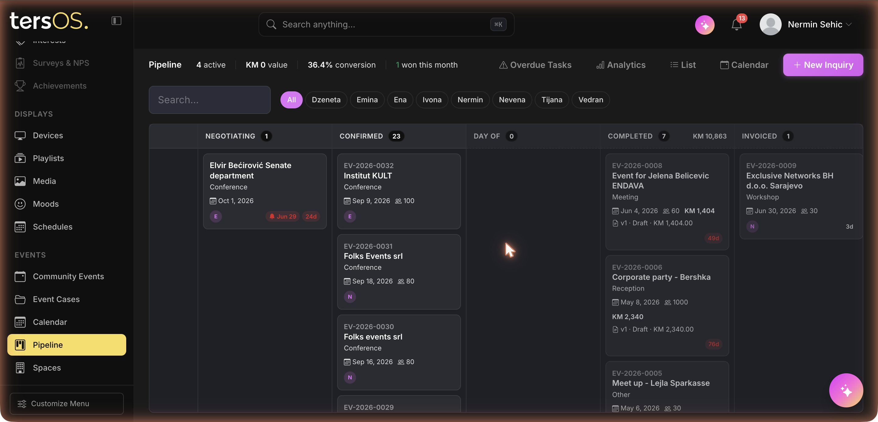 The venue pipeline in the tersOS backoffice — event inquiries moving through stages from negotiating to invoiced