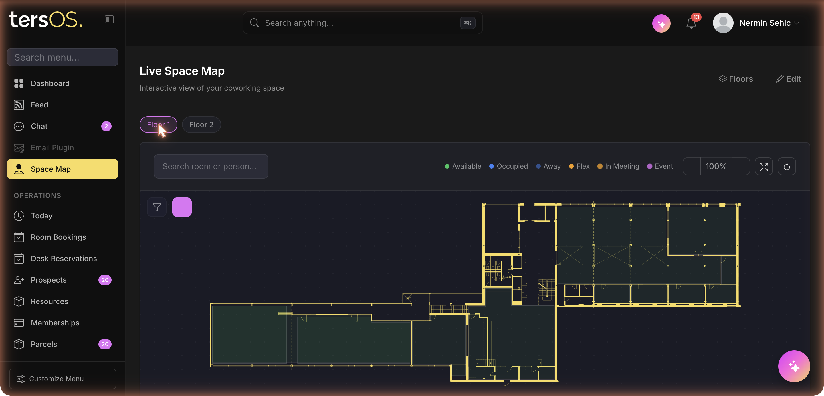 The live space map in the tersOS backoffice — an architectural floor plan of the real space with live room status
